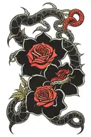 2 red snakes intertwined into a red rose out thier mouth  tattoo design idea