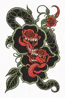 2 red snakes intertwined into a red rose out thier mouth  tattoo design idea
