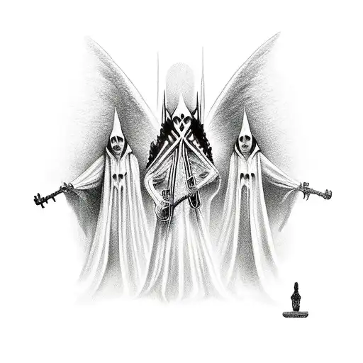 A gothic cathedral with vampire angels playing guitars tattoo design idea