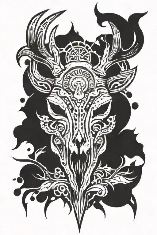 half deer head half deer skull face tattoo design idea