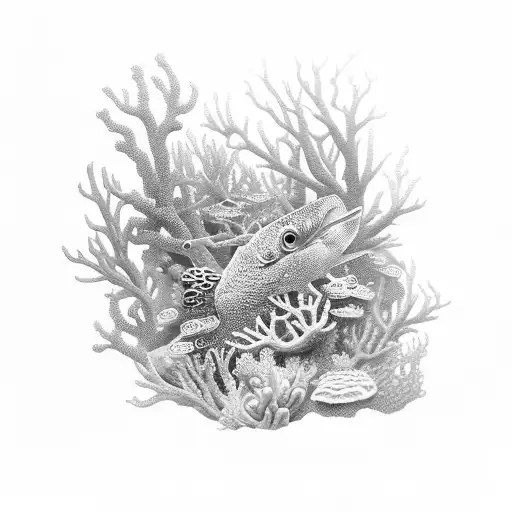 An intricate underwater scene with colorful coral reefs and various types of marine life tattoo design idea