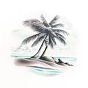 A serene beach landscape with palm trees, waves, and a hammock tattoo design idea