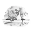 A serene beach landscape with palm trees, waves, and a hammock tattoo design idea