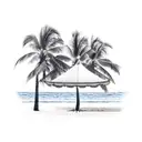 A serene beach landscape with palm trees, waves, and a hammock tattoo design idea