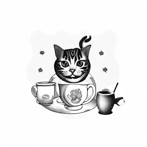 A whimsical blackwork tattoo of a cat wearing a beret, holding a quill pen and sketching a cup of coffee tattoo design idea