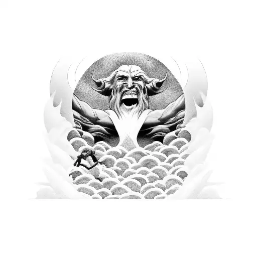 wave banner separating god and the devil  tattoo design idea