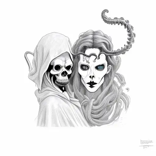 grim reaper and medusa taking a mirror selfie tattoo design idea