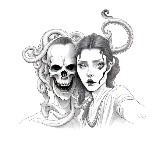 grim reaper and medusa mirror selfie tattoo design idea