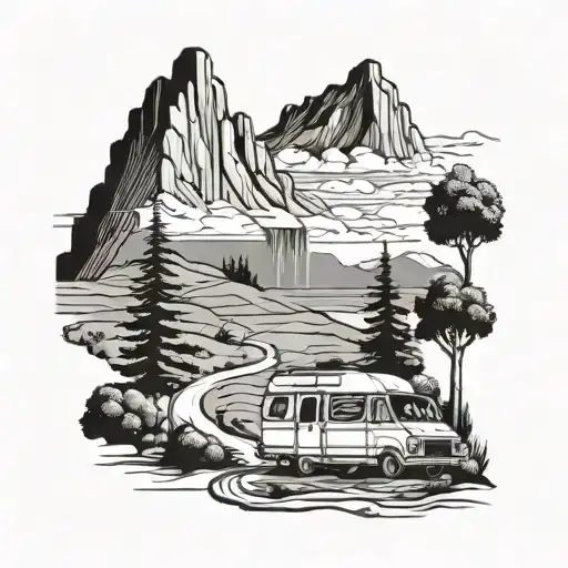 Scenaric landscape, mountains / trees / waterfall, track road with small campervan and a small sign pointing in directio tattoo design idea
