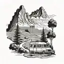 Scenaric landscape, mountains / trees / waterfall, track road with small campervan and a small sign pointing in directio tattoo design idea