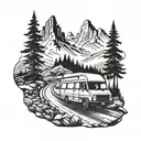 Scenaric landscape, mountains / trees / waterfall, track road with small campervan and a small sign pointing in directio tattoo design idea