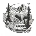 Scenaric landscape, mountains / trees / waterfall, track road with small campervan and a small sign pointing in directio tattoo design idea