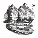 Scenaric landscape, mountains / trees / waterfall, track road with small campervan and a small sign pointing in directio tattoo design idea
