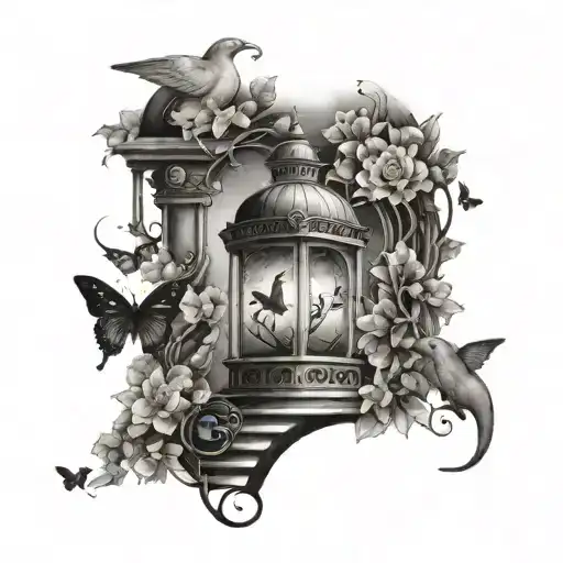 Stairway to heaven, butterfly, dove, Vines,  Lantern, Elephant  tattoo design idea