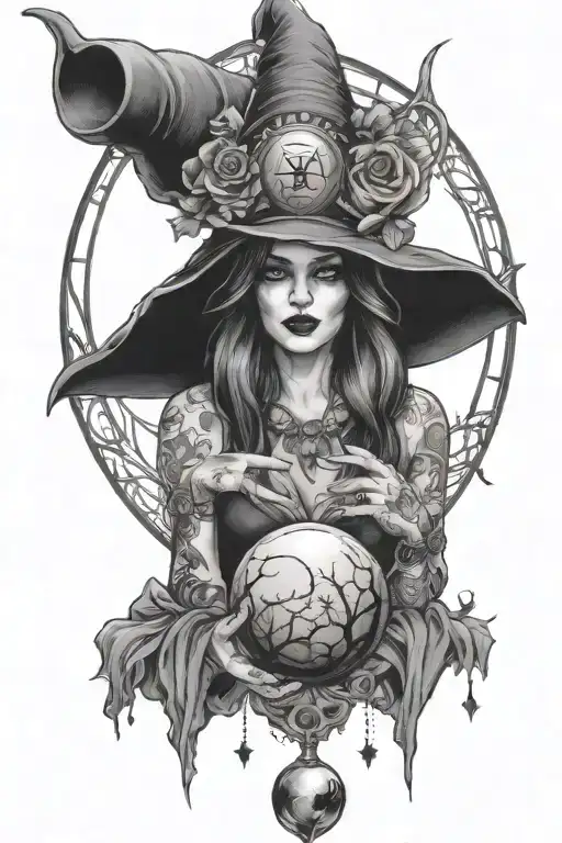 witch with crystal ball and moon phases tattoo design idea