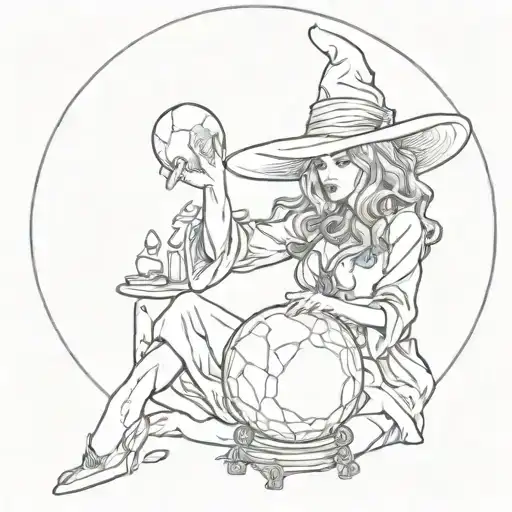 witch with crystal ball and full moon in the background tattoo design idea