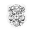 A blackwork design of a car engine with gears and pistons tattoo design idea