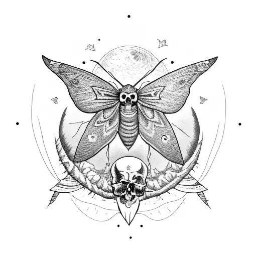 a moth with a skull on each wing and a moon on top of its head.  tattoo design idea