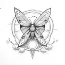 a moth with a pumpkin on each wing and a moon above its head.  tattoo design idea
