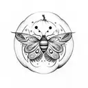a moth with a pumpkin on each wing and a moon above its head.  tattoo design idea