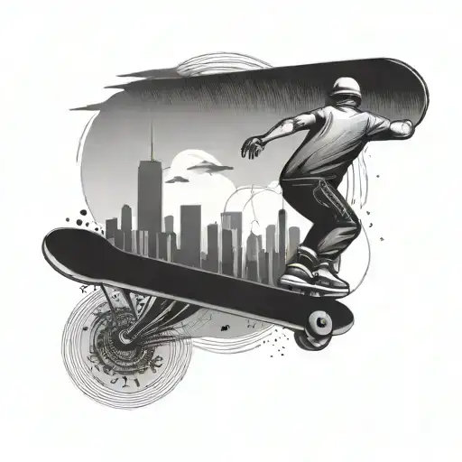 A skateboarder exploring a city skyline on a skateboard made of travel stamps tattoo design idea