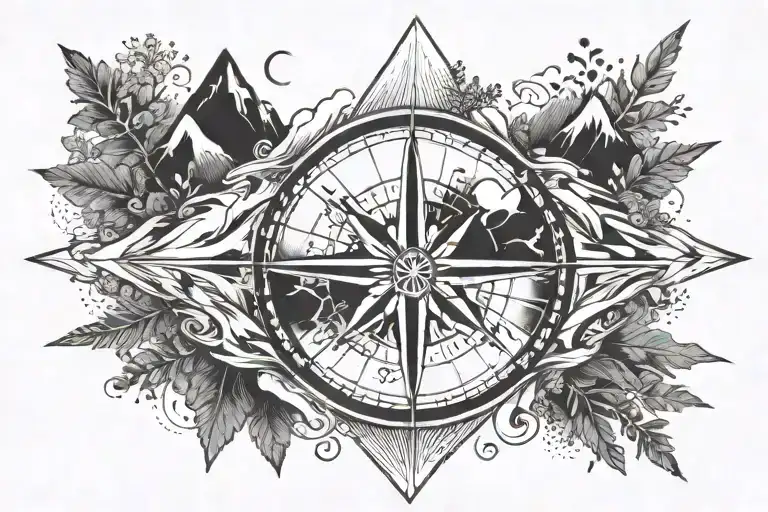 compass rose on an arrow, upper part of the arrow is the day, mountains, trees and sun, lower part of the arrow tattoo design idea
