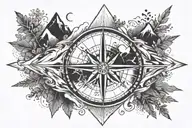 compass rose on an arrow, upper part of the arrow is the day, mountains, trees and sun, lower part of the arrow tattoo design idea