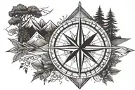 compass rose on an arrow, upper part of the arrow is the day, mountains, trees and sun, lower part of the arrow tattoo design idea