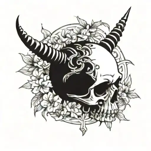 A skull adorned with dragon horns, surrounded by a wreath of flowers and swords tattoo design idea