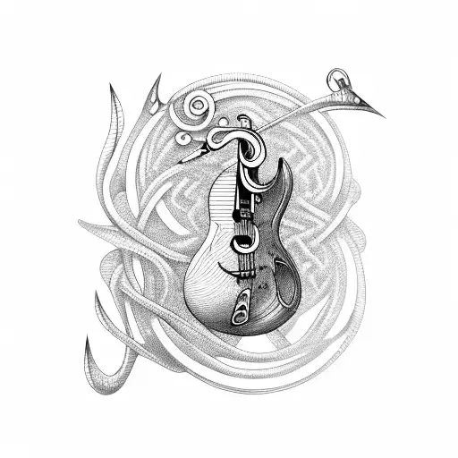 Musical notes intertwined with fishing hooks tattoo design idea