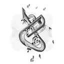 Musical notes intertwined with fishing hooks tattoo design idea
