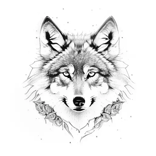 wolf with blue eyes surrounded by nature, realistic tattoo design idea