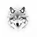 wolf with blue eyes surrounded by nature, realistic tattoo design idea