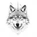 wolf with blue eyes surrounded by nature, realistic tattoo design idea