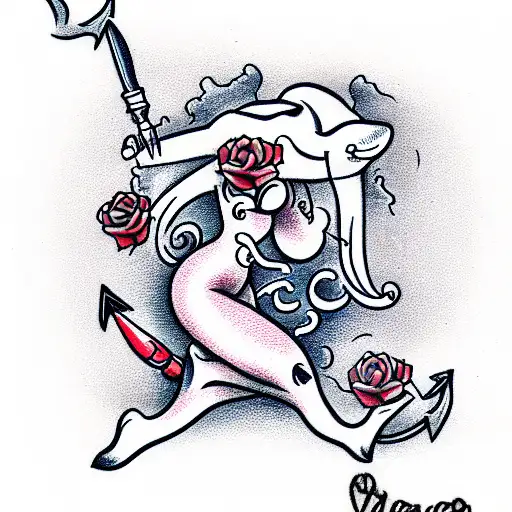 navy pin up girl harpooning a whale, hearts, roses, daggers tattoo design idea
