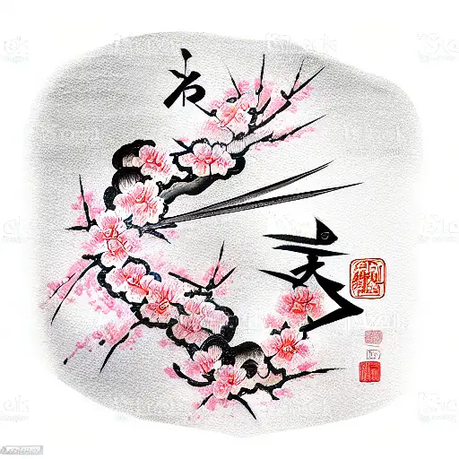 samurai with cherry blossoms behind and Chinese characters tattoo design idea