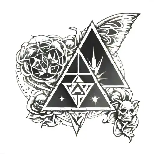 Triforce and Deathly Hallows and Jesus' Cross, and Pokeball  tattoo design idea