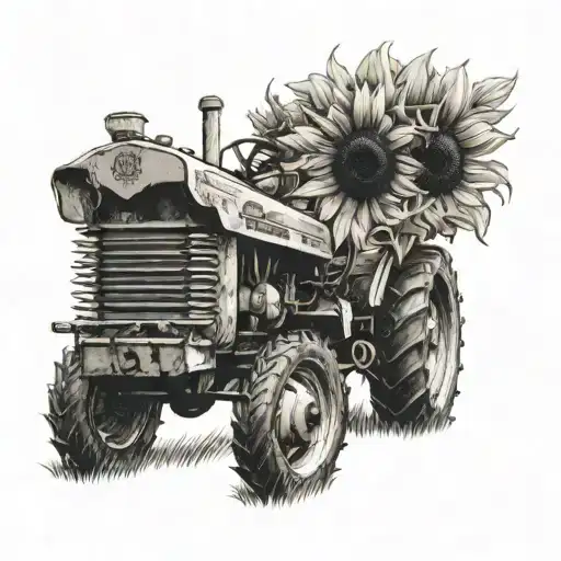 sunflower with a tractor driving tattoo design idea