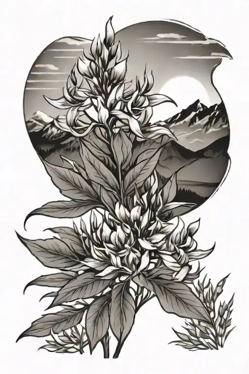 fireweed, sun, mountain range tattoo design idea