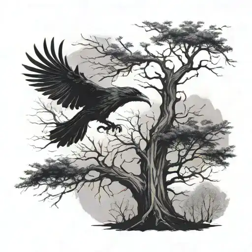 tree and raven with outstretched wings tattoo design idea