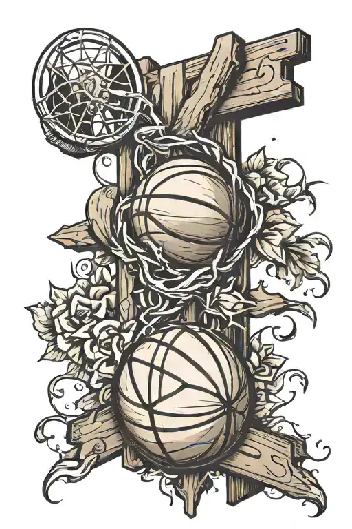 basketball on a wooden cross tattoo design idea