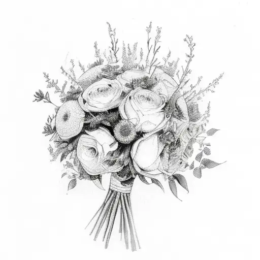 bouquet with birth month flowers for August October April and November tattoo design idea