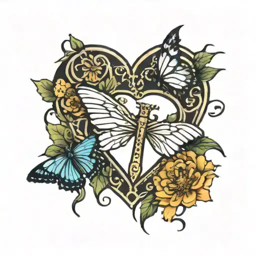 heart, cross, marigold, butterfly resting tattoo design idea