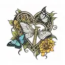 heart, cross, marigold, butterfly resting tattoo design idea