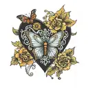 heart, cross, marigold, butterfly resting tattoo design idea
