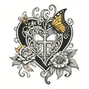 heart, cross, marigold, butterfly resting tattoo design idea