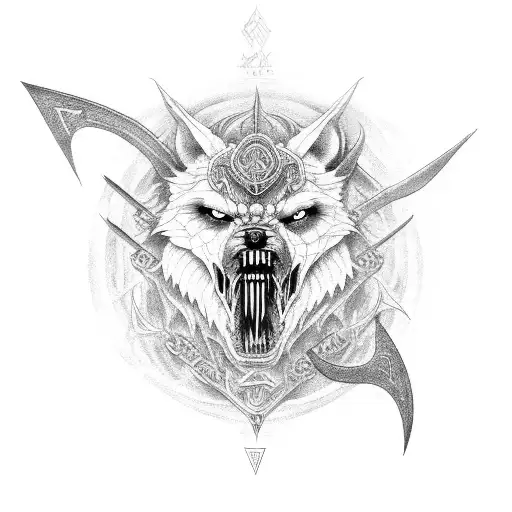 Fenrir and Tyr with Tiwaz rune tattoo design idea