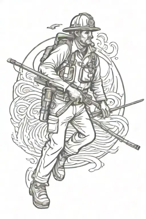 Tattoo with a firefighter, fishing, hiking, triathlon and an extinguisher combined  tattoo design idea