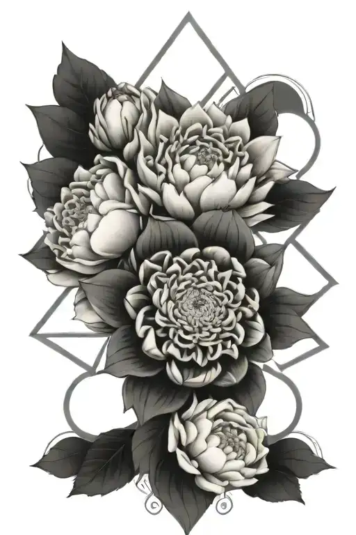 sacred geometry tatto with a peony in the middle surrounded by geometric patterns and mandalas elements of compass rose  tattoo design idea