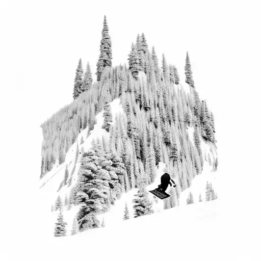 Snowboarding on a mountain with a forest landscape in the background tattoo design idea